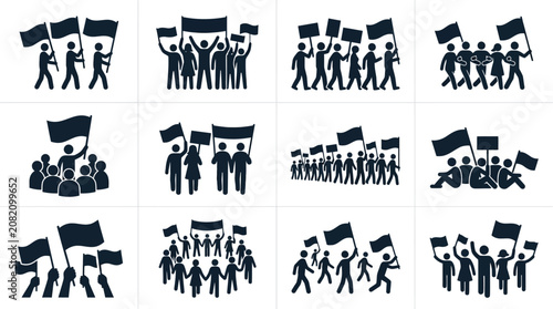 Schilderij op canvas Protest Crowd Silhouette Icons: Demonstration, Rally, Activism, Marching People