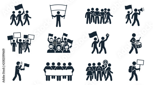 Tableau sur toile Protest Crowd Icons: People Marching with Flags, Banners, Megaphones, and Signs