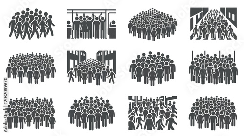 Cuadro en lienzo Crowd Silhouettes: People Gathering and Commuting Icons Set