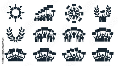 Protest Icons: Crowd Demonstration, Rally, March, Strike, Activism, Speech Bubbles, Signs, Unity
