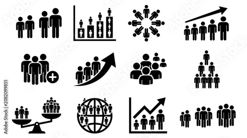 Tableau sur toile Business Growth Icons: People, Statistics, Global Network, Teamwork, Hierarchy