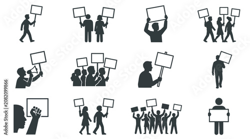 Protest Crowd Icons: People Marching with Signs and Megaphones