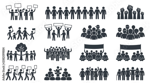 Schilderij op canvas Diverse Group Silhouettes: Protesting, Marching, Unity, Social Gathering, Crowd