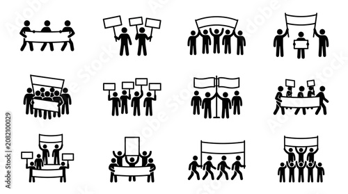 Foto Protest Icons: People Marching with Banners and Signs