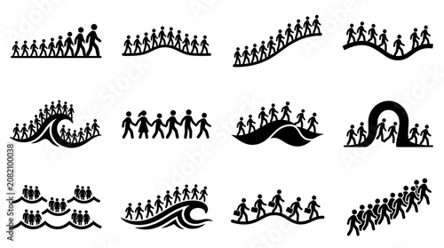 Photos People Migration Icons: Diverse Groups Moving Together, Seeking New Horizons