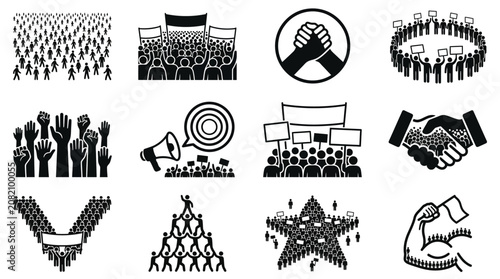 Protest Icons: Crowd, Rally, Hands Up, Megaphone, Banners, Unity, Arms