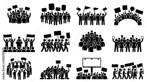 Protest Crowd Icons: People Marching with Signs, Flags and Banners