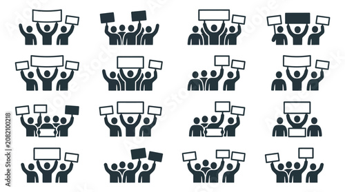 Foto Protest Crowd Icons: Group of Silhouettes Holding Signs and Banners