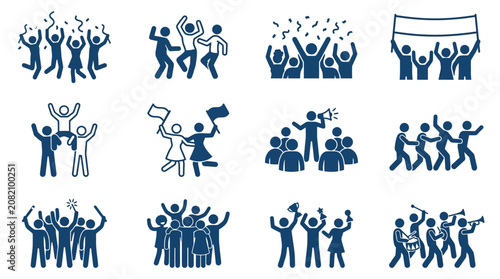 Crowd Celebration Icons: People Cheering, Dancing, Protesting, and Marching with Banners and Megaphones