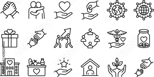 Black line icons of charity and donation
