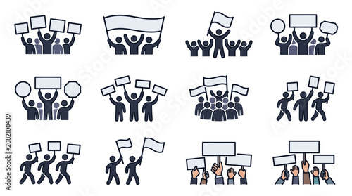 Protest Crowd Icons: People Holding Signs, Banners, and Flags