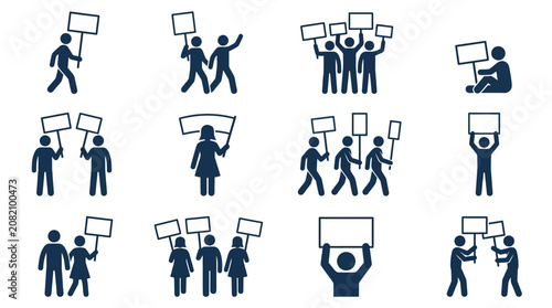 Obraz na płótnie Protest Crowd Icons: Diverse People Holding Signs for Demonstration, Rally, and