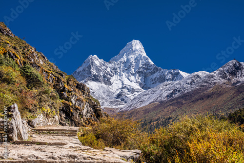 Quadro em tela Trekking route to Everest base camp against snowy Ama Dablam peak in autumn sunny day