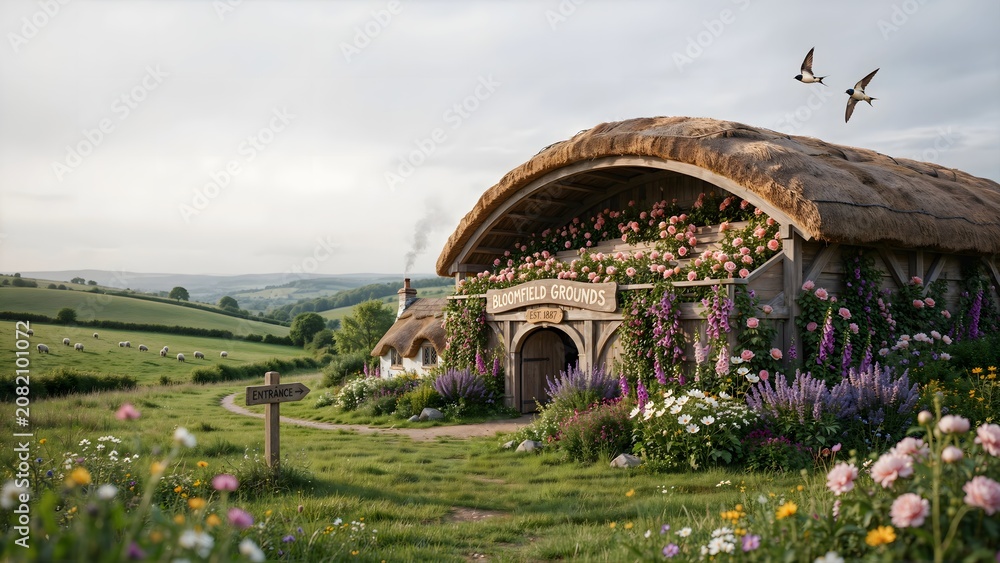 Obraz premium Enchanting Hobbit-style house with vibrant flower garden, rolling green hills and scenic countryside background