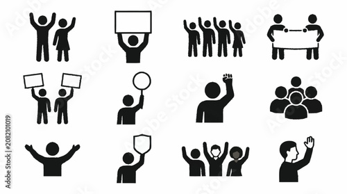 Tableau sur toile Protest icons: people demonstrating with signs, banners, and raised fists