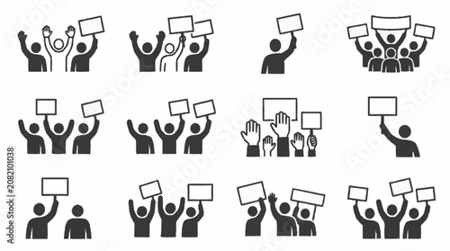 Quadro su tela Protest Crowd Icons: People Holding Signs, Demonstrating, Rallying, Chanting, an
