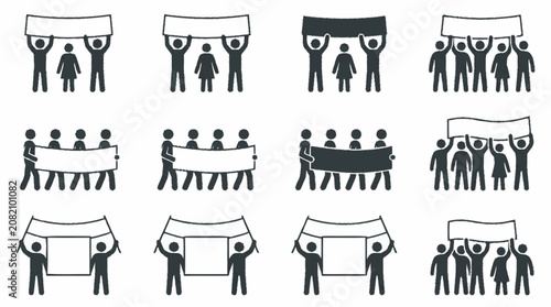 Protest Group Holding Blank Banners - Vector Icons Set