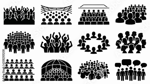 Crowd Icons Set: People Gathering, Audience, Community, Event, Meeting, Celebration