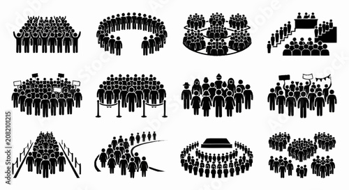 Diverse Crowd Silhouettes: Group Gathering, Protest, Meeting, and Audience Icons