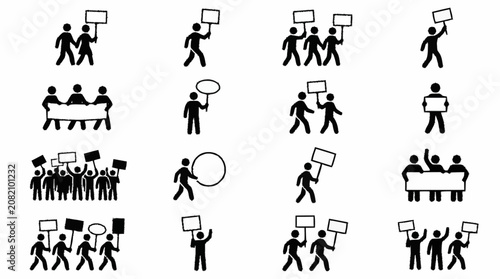 Protest Icons: People marching with signs, banners and placards for demonstration