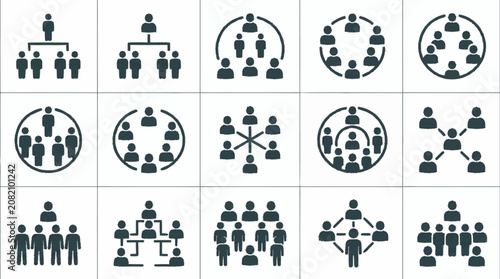 Teamwork Org Chart Icons: Hierarchy, Network, Collaboration, Leadership, Structure