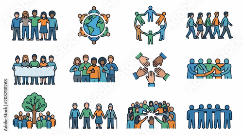 Diverse Group of People Icons: Unity, Teamwork, Community, Global Connection, Diversity