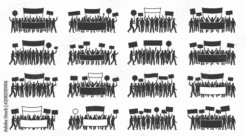 Protestors Crowd Silhouette with Banners and Signs - Demonstration Group