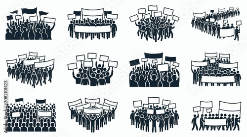 Protest crowd with banners and signs, illustration of social movement and demonstration