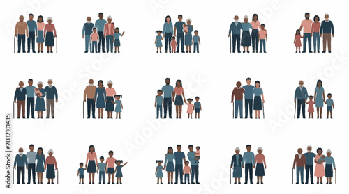 Diverse Multigenerational Families Posed Together - Flat Design