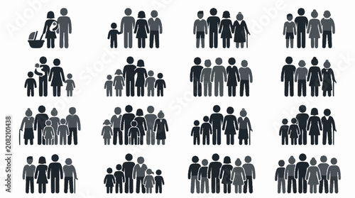 Diverse Family Silhouettes Icon Set: Generations, Parents, Children, Elders