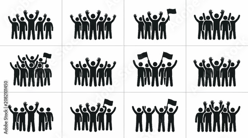 Crowd Icon Set: People Cheering, Waving Flags, Unity, Teamwork, Celebration, Protest