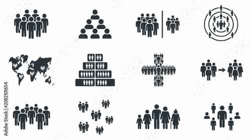 Diverse Human Population Icons: Social Groupings, Hierarchy, Network, Map, Family