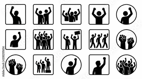 Tableau sur toile Protest icons: raised fists, crowds, and signs of demonstration
