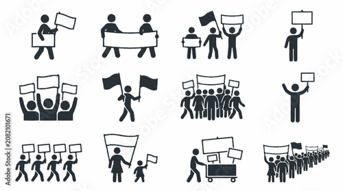 Tableau sur toile Protest Icons: People Marching with Signs, Flags and Banners