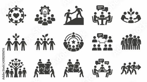 Teamwork and Collaboration Icons: Unity, Growth, Strategy, Leadership, Success