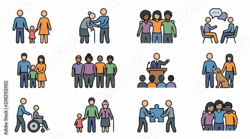 Diverse People Icons: Family, Community, Support, Communication, Unity, Inclusion