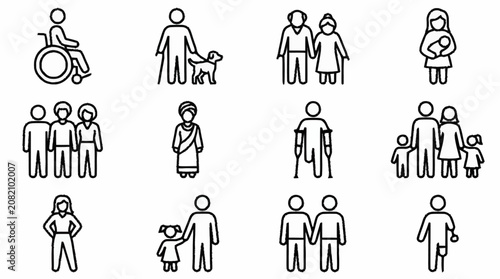 Diverse People Icons Set: Family, Disability, Age, Pets, Community