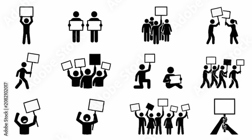 Protest Crowd Icons: People Holding Signs for Demonstration, Activism, and Social Issues