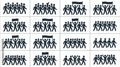 Protest crowd, marching people, demonstration, banner, activism, unity, collective action, silhouette figures