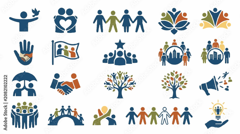 Fototapeta premium Diverse Community Icons: Unity, Teamwork, Diversity, Connection, Social Concepts
