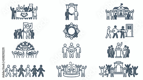 Community Icons: People, Teamwork, Agreement, Success, Building, Unity, Celebration