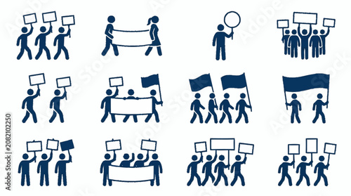 Protest Crowd Icon Set: People Marching with Signs and Banners
