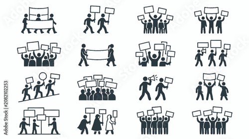 Protest Icons: People marching with signs and banners, demonstrating for a cause.