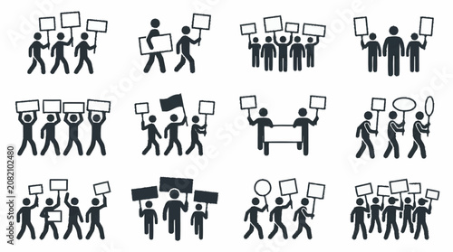 Bild auf Leinwand Protestors holding signs and banners, crowd demonstration icons