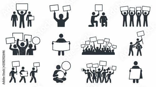 Protest Icons: Diverse Crowd Holding Signs for Social Issues, Activism, and Demonstration