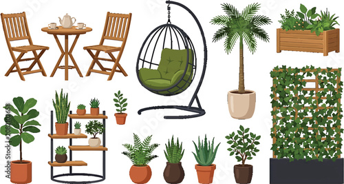 Patio furniture and potted plants collection with hanging chair and wooden table set for outdoor garden design