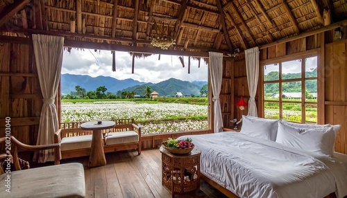 A serene bedroom with a thatched roof and wooden accents overlooks a picturesque field and mountains