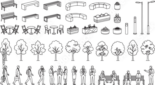 Urban landscape design elements set with trees benches street furniture and people silhouettes in line art style