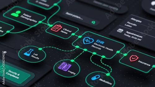 Digital healthcare network with EHR, clinical notes, and medications visualized on a dark background