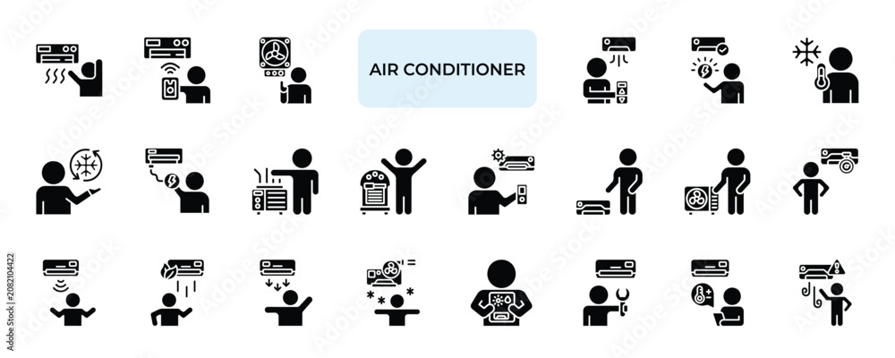 Fototapeta premium Air Conditioner Icon set Collection in Solid Glyph Style. ac, cool, temperature, ventilation, airflow, fan, climate